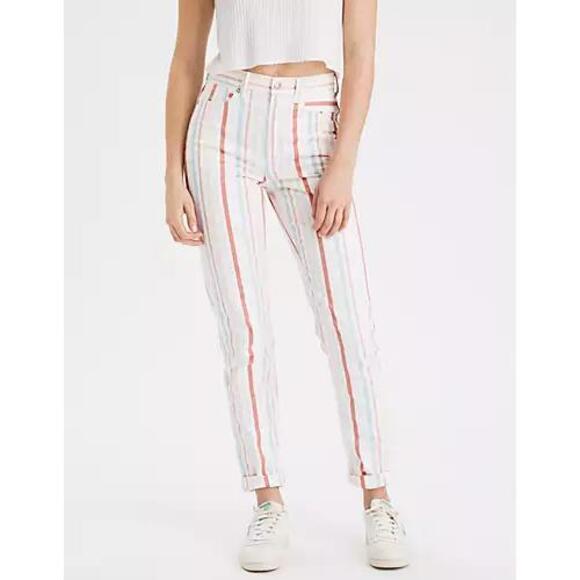 American Eagle Womens Multicolor Striped High Rise Preppy White Jeans Size 2‎ - Picture 1 of 8